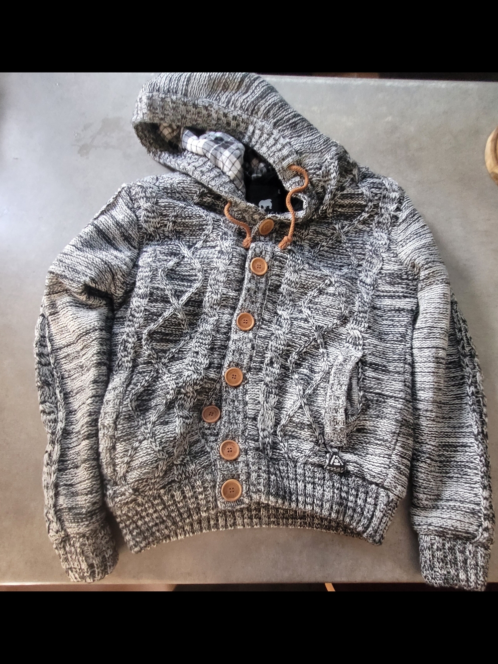 American Stitch Black & White Marled Hooded Cable Cardigan
